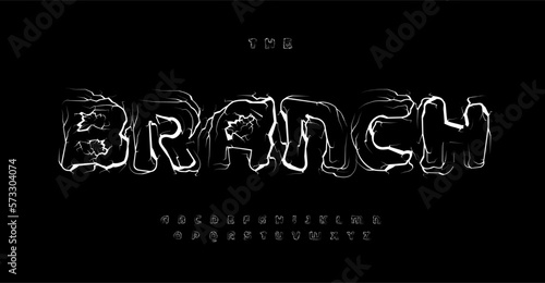 Branch or root style alphabet, crack or lightning letters, river or veins font for Halloween logo, scary headline, psycho typography, game typo graphic. Vector typographic design