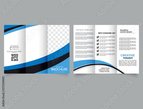 Trifold brochure with blue and black curved lines.