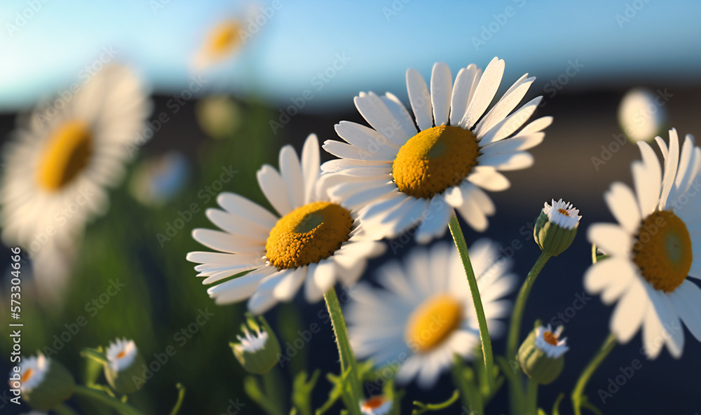 A group of daisies swaying in a gentle breeze, with a bright blue sky in the background