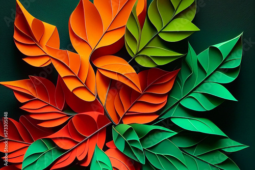 paper art autumn leaves on a green background AI generative