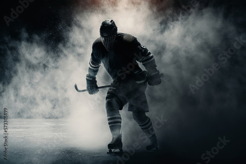 Ice Hockey Player Scores Goal in Dramatic Lighting and Smoke, Generative AI