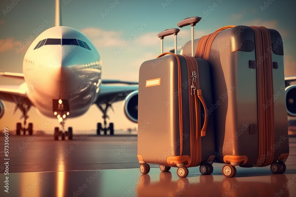 Travel concept: Suitcases in airport with airplane at background", Generative AI - obrazy, fototapety, plakaty 