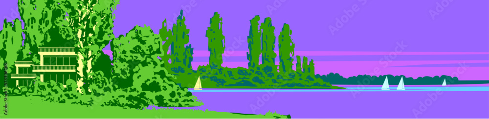 Fototapeta premium landscape with sunlit houses among large trees, a wide expanse of water and a silhouette of trees on the horizon