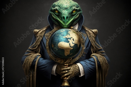 Tela Freemason reptiloid alien humanoid presents a globe to give flat earthers something to do