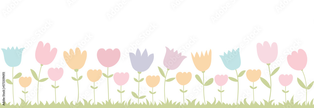 Spring garden of flowers on white background. Horizontal vector illustration of blooming tulips. Floral pattern. Spring garden of flowers on white background. Horizontal vector illustration of blooming tulips. Floral pattern.