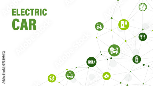 Electric car vector mockup with charge station. Electro vehicle shape icon set with charger, battery power and plug.