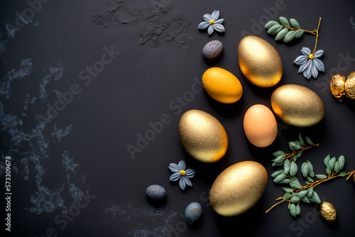 Black & Gold Easter background template with Easter eggs - Greetings and presents for Easter Day - Copy Space - Generative AI