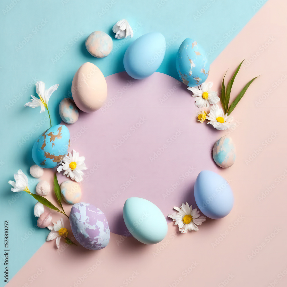 Blue and pink Easter background template with Easter eggs - Greetings and presents for Easter Day - Copy Space - Generative AI	
