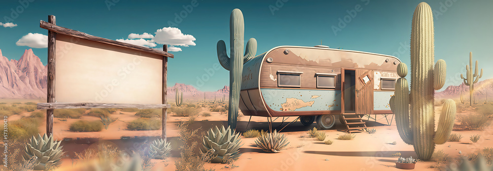 abandoned or old retro caravan living in the middle of the desert with cactus and blank billboard sign as wide banner copy space area - obrazy, fototapety, plakaty 
