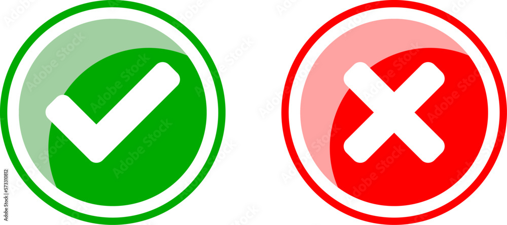 Yes and No or Right and Wrong or Approved and Declined Icons with Check Mark and X Signs with 3D Shiny Effect in Green and Red Circles. Vector Image. Yes and No or Right and Wrong or Approved and Declined Icons with Check Mark and X Signs with 3D Shiny Effect in Green and Red Circles. Vector Image.