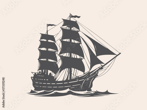 Old Ship Vector illustration. Pirates. Sailing vessel. Historical vessel. Antique ship. Sea-faring. Seaborne transportation. Vector illustration. Seafaring