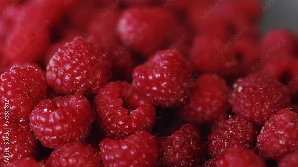 Slow rotation of sweet ripe raspberry close up. Natural mellow berries lying in large quantities on the table and luring with their juiciness Slow rotation of sweet ripe raspberry close up. Natural mellow berries lying in large quantities on the table and luring with their juiciness