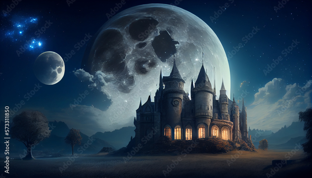 Dark castle in fantasy style. Moon and space. AI generative content