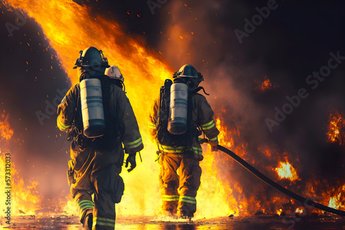Two firefighters with oxygen tanks on their backs walk against the backdrop of fire. Generative AI