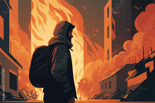 Disappointed gloomy man looking at his destroyed house burning in fire.