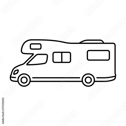 Motorhome icon. Camper, caravan. Black contour linear silhouette. Side view. Vector simple flat graphic illustration. Isolated object on a white background. Isolate.