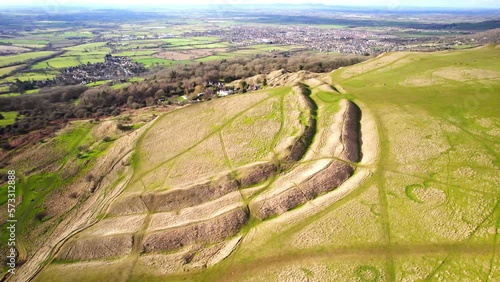 Aerial view of Cleeve Hill Iron Age Hillfort ramparts and ditches photo