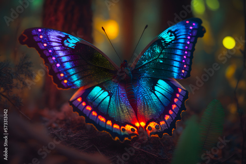 Blue shining butterfly in the night forest. Generative AI
