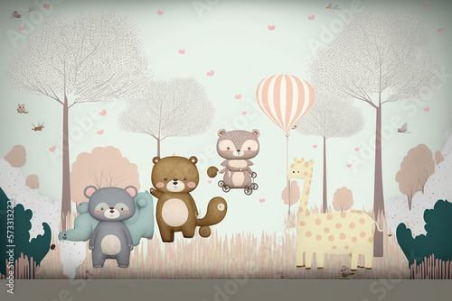 Kids room wallpaper with animals and pastel colors.Generative ai.