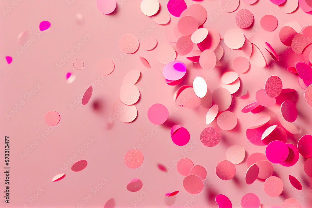 Confetti on pink background. Flat lay, top view. Generative AI