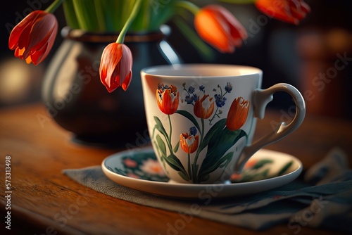 Cup of coffee with tulips. Generative AI