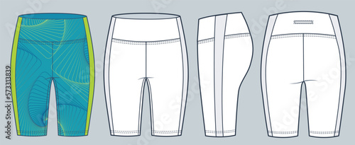 Short Legging technical fashion illustration, fashion concept. Unisex Cycling Shorts fashion flat technical drawing template, front, side and back view, white, blue, women, men, unisex CAD mockup set.