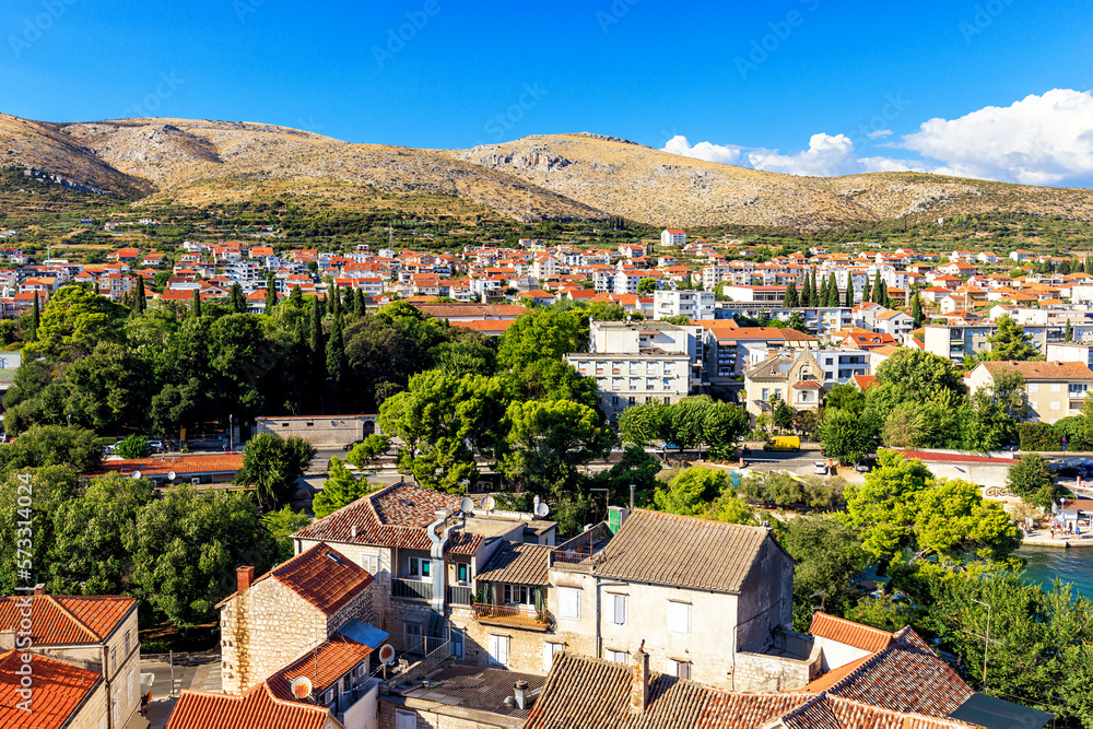 View of the city of Trogir and the mountains in the background from the top of the Kamerlengo Fortress, Croatia