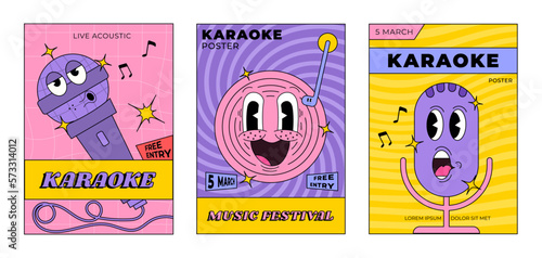 Karaoke posters set. Old Cartoon advertising wallpaper for standup open mic comedy, disc, banner design for broadcast music concert promotion. Vector illustration. Festival, vocal performance