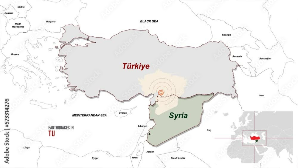 Earthquake wave animation over the map of Turkey and Syria. Turkey