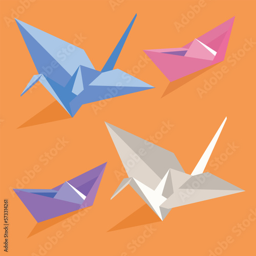 origami boat crane on orange background
