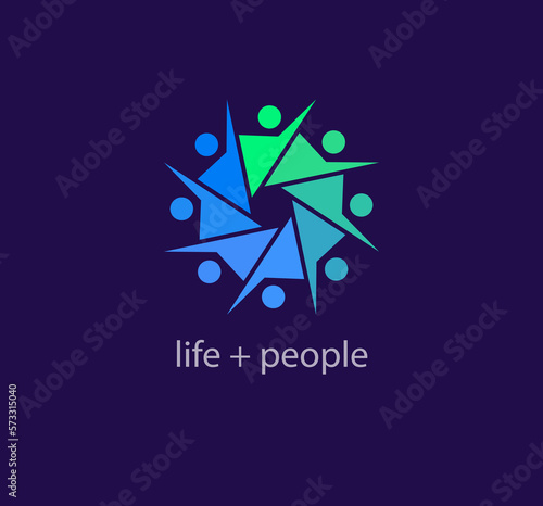 Continuous teamwork and people raising hands, unity idea logo. Unique color transitions. people logo template. vector.