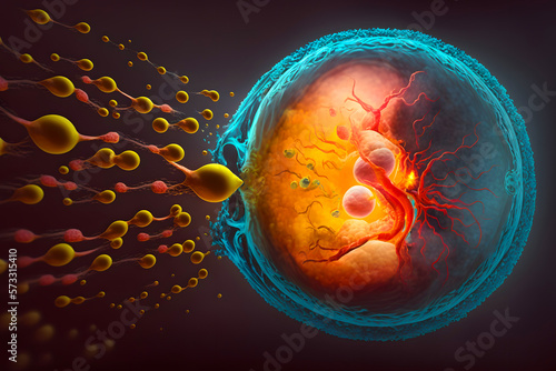Fertilization is the process of spermatozoa moving towards the egg. The concept of the origin of life in a womb, a child. Generative AI