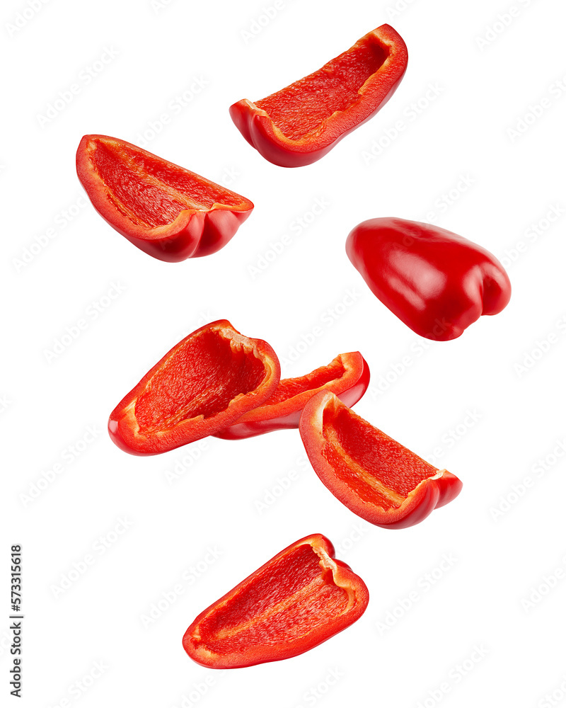 Falling sweet Pepper slice, Paprika, isolated on white background, full depth of field Falling sweet Pepper slice, Paprika, isolated on white background, full depth of field