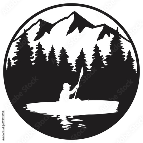 A vector silhouette logo design of a man "flat water" kayaking in a mountain setting with a silhouette reflection. 