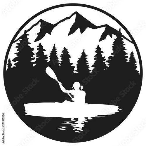 A vector silhouette logo design of a woman "flat water" kayaking in a mountain setting with a silhouette reflection. 