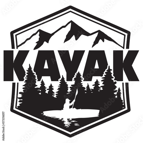 A vector silhouette logo design of a man "flat water" kayaking in a mountain setting with a silhouette reflection. 