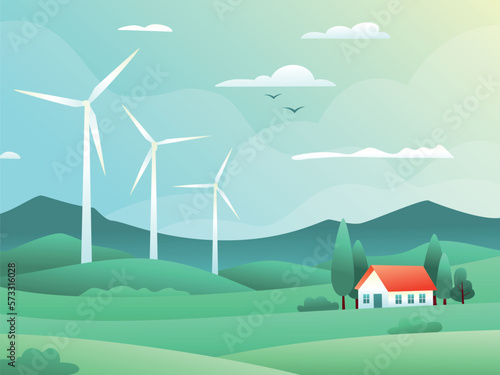 Rural spring landscape with fields, hills, wind turbine and house surrounded by cypresses. Vector illustration of countryside. Green energy concept. Clean electric energy from renewable sources