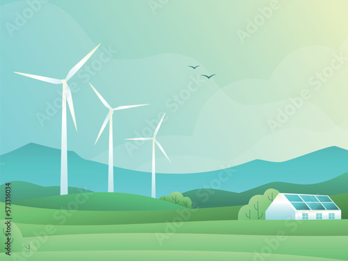 Rural spring landscape with fields, hills, wind turbine and barn or house with solar panels. Vector illustration of countryside. Green energy concept. Clean electric energy from renewable sources