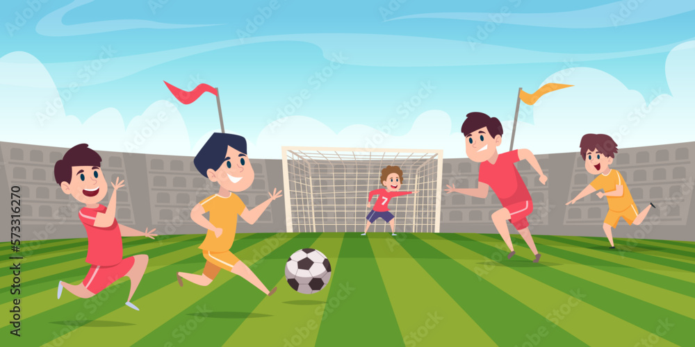 Fototapeta premium Football team. Kids playing with ball on stadium field exact vector cartoon background