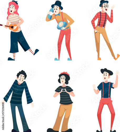 Mime actors. Traditional comedy street artists theatre performance funny show exact vector characters
