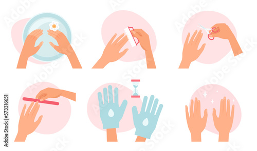 Nail and skin care, manicure set vector illustration. Cartoon infographic fingernails care process collection of spa treatment with beauty accessories and tool for female hands in salon or home