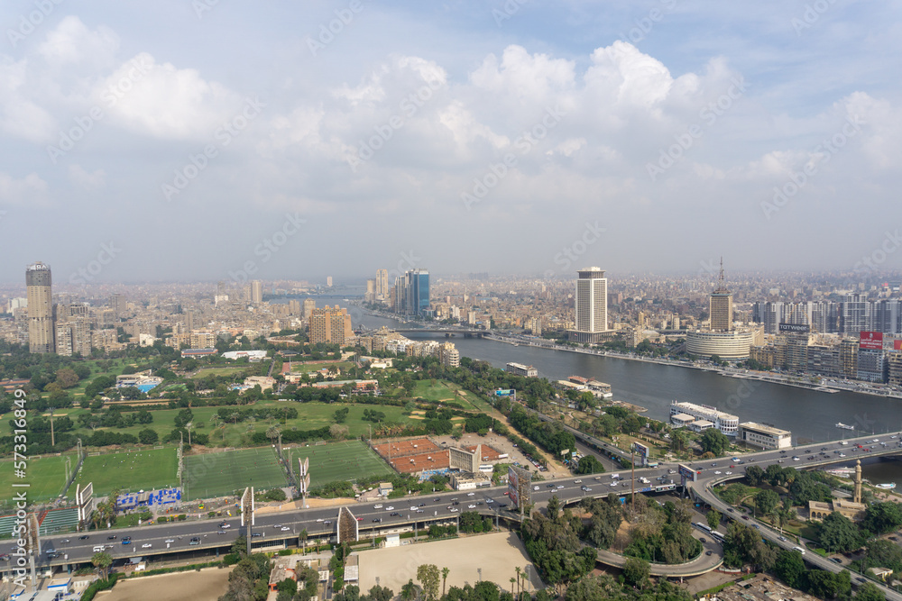 Fototapeta premium Cairo city seen from the heights of the Cairo Tower, on a sunny day with a lot of pollution.