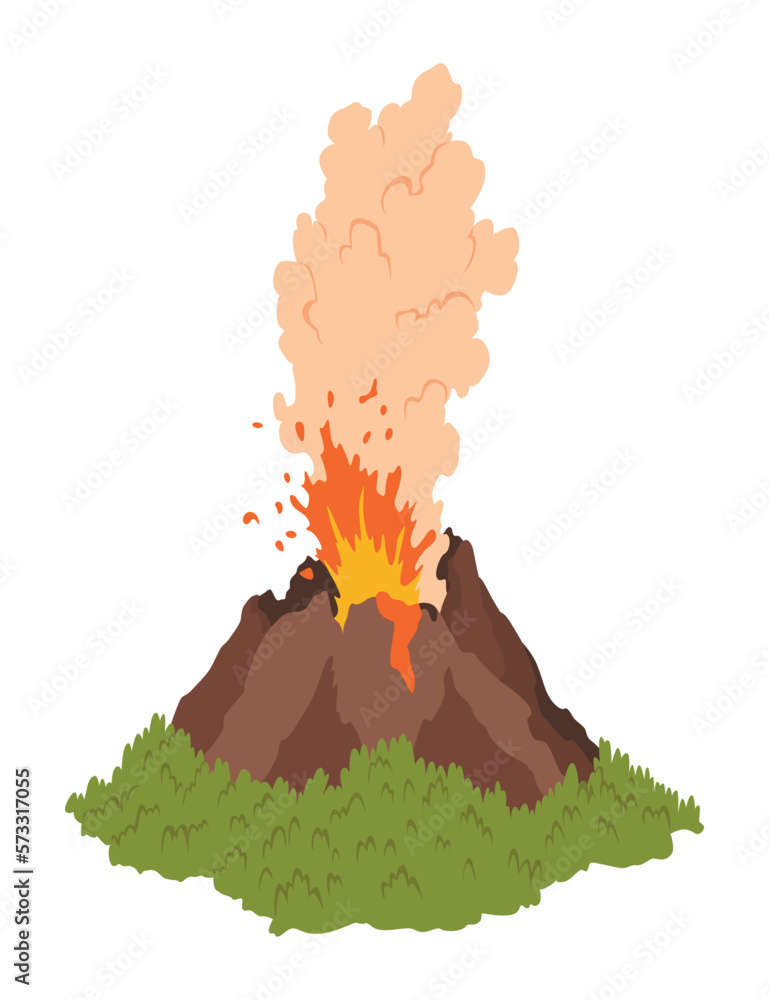 Volcano In Cartoon Volcano icon. Magma nature blowing up with smoke. An awakened vulcan ...