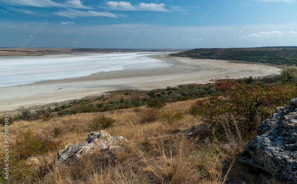 Natural landscape of the south of Ukraine, View of the drying Kuyalnitsky estuary with rose water, in which Artemia salina and Dunaliella algae live Natural landscape of the south of Ukraine, View of the drying Kuyalnitsky estuary with rose water, in which Artemia salina and Dunaliella algae live