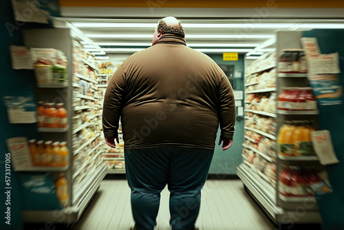 Obese man shopping in supermarket - Generative AI