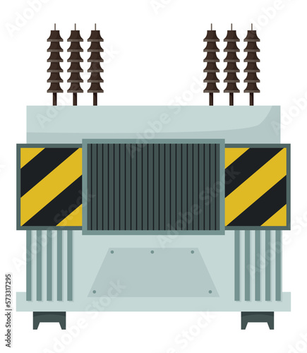 High voltage electrical transformer and isolator. Energy substation. Power supply icon isolated on white background for web design. Flat cartoon illustration