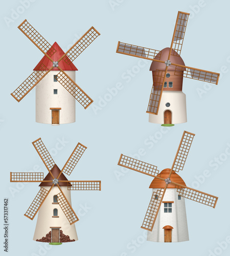 Windmill. Traditional rural medieval construction for milling flour decent vector realistic template