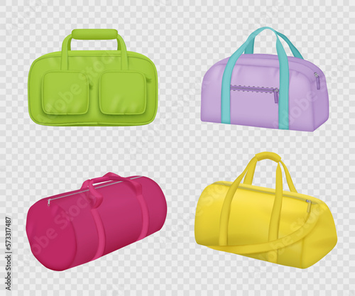 Sport bag. Realistic bags for fitness clothes workout luggage decent vector templates collection