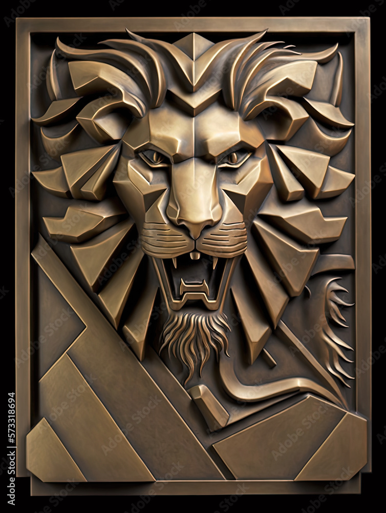 A stylized bas relief metal sculpture of a lion by generative AI Stock