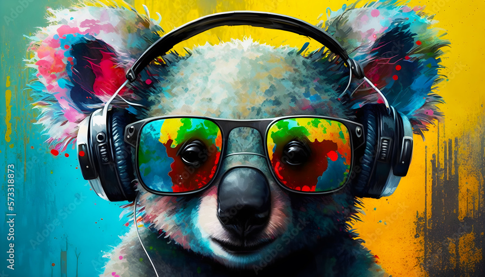 acid Pop colorful koala wearing Headphones and sunglasse ilustração do  Stock